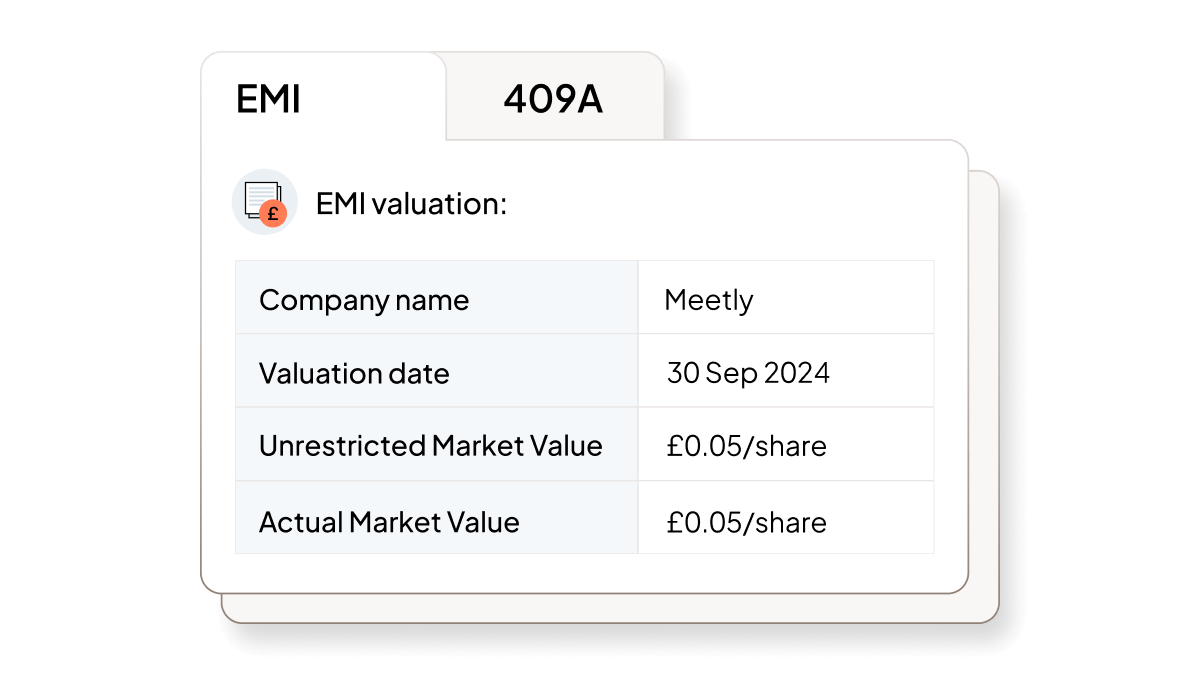 UI of EMA and 409A Valuation summary report