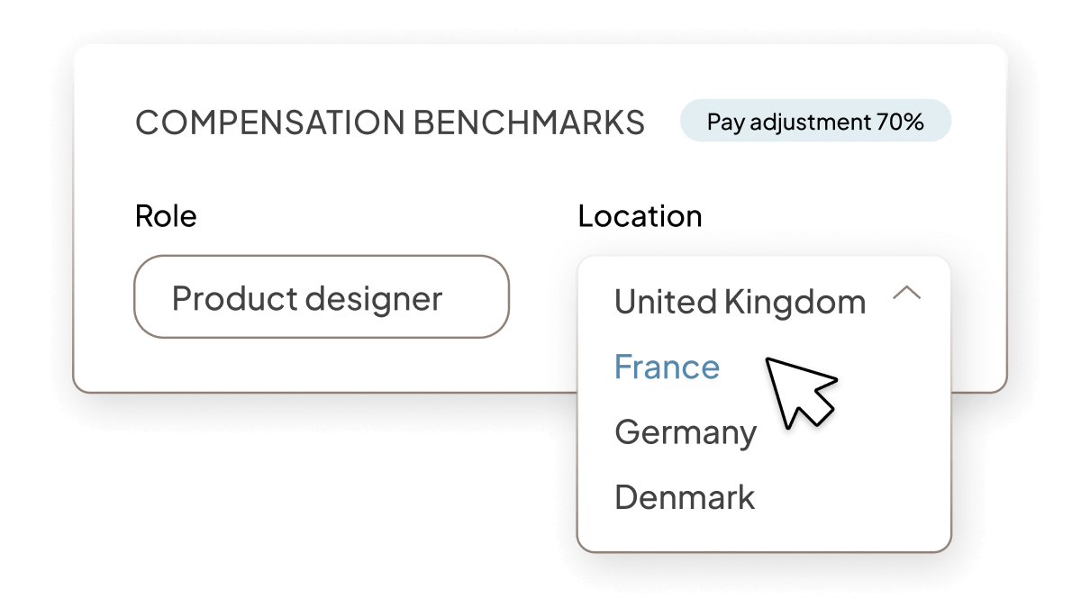 UI Image of compensation benchmarks showing options to filter by role and location