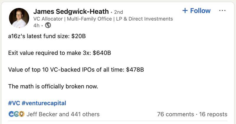 LinkedIn: VC Math Is Not Broken It's Just Not One Asset Class Anymore