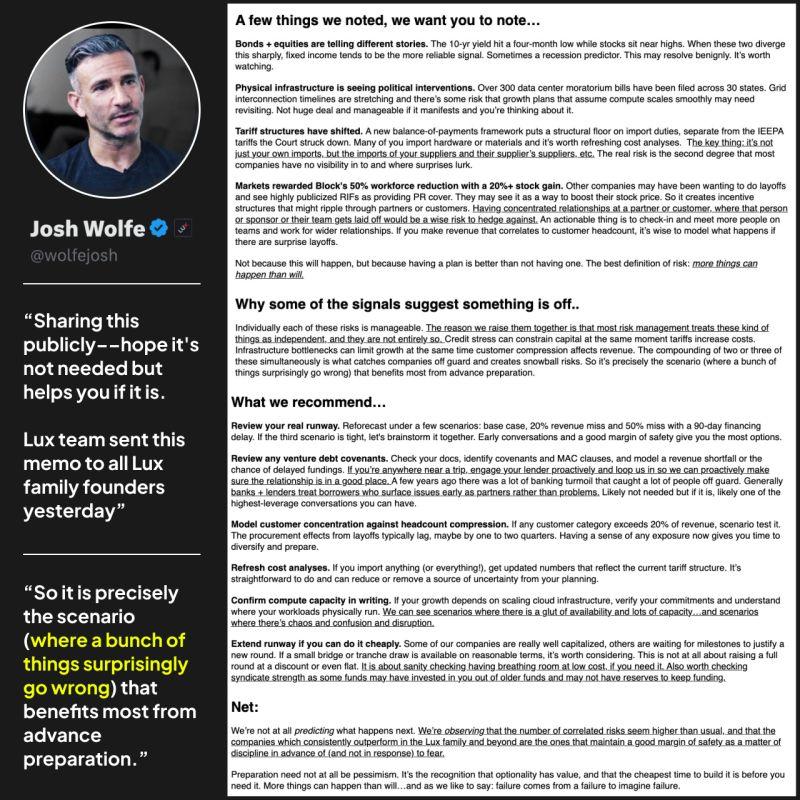 LinkedIn: Lux Capital Warns Portfolio Founders of Macro Fragility