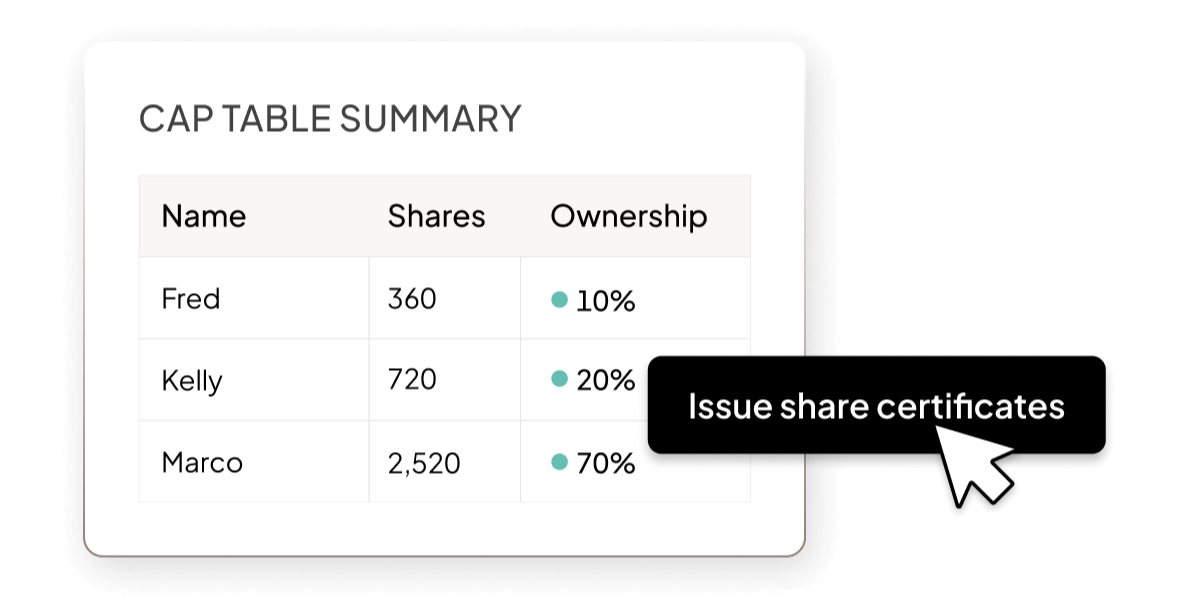UI of cap table summary showing share breakdown
