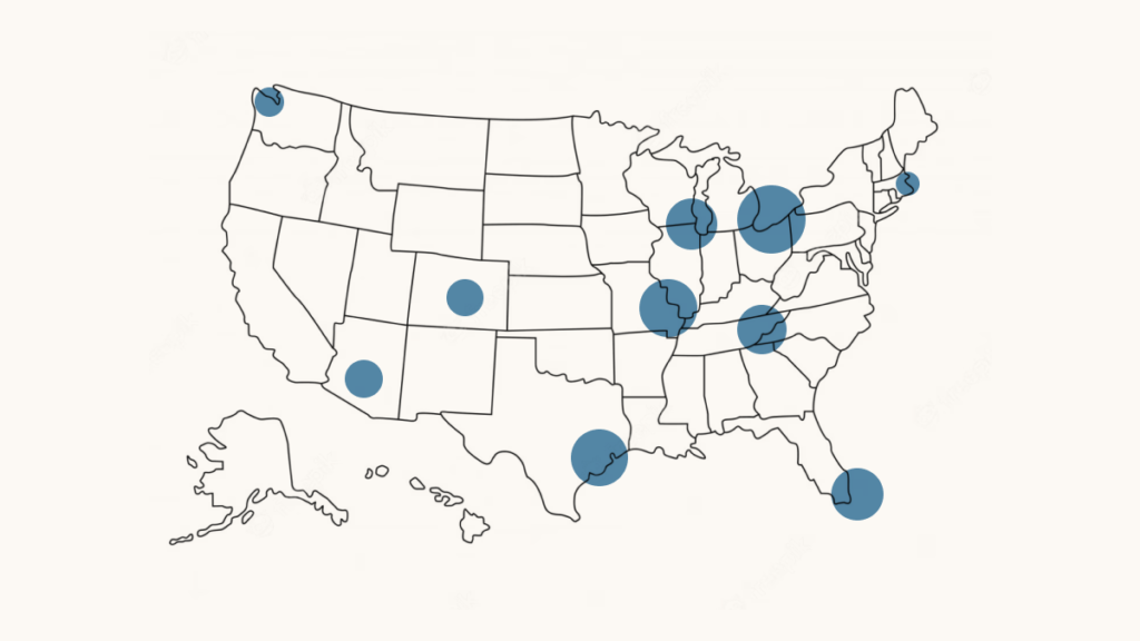 Map of U.S. showing dots representing ten cities
